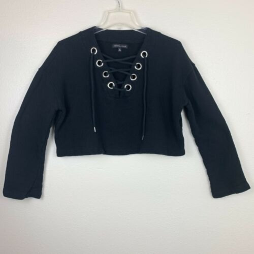 Kendall & Kylie S Oversized Black Lace Up Front Long Sleeve Cropped Sweatshirt